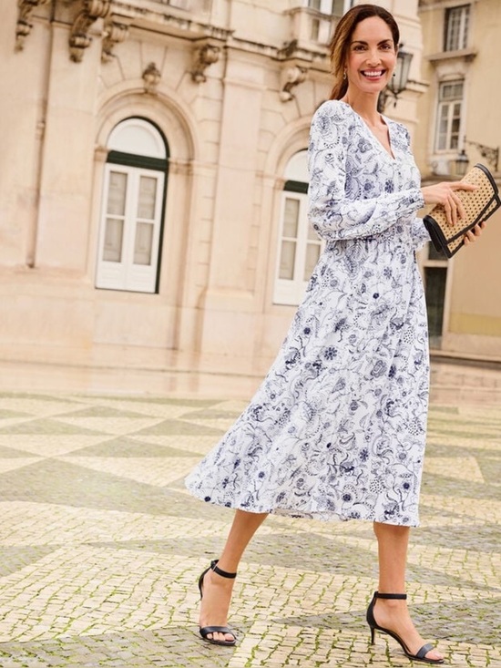 Talbots Dresses & Skirts - Talbots Smocked Blue and White Flowy Stencil Floral Dress Size 14
